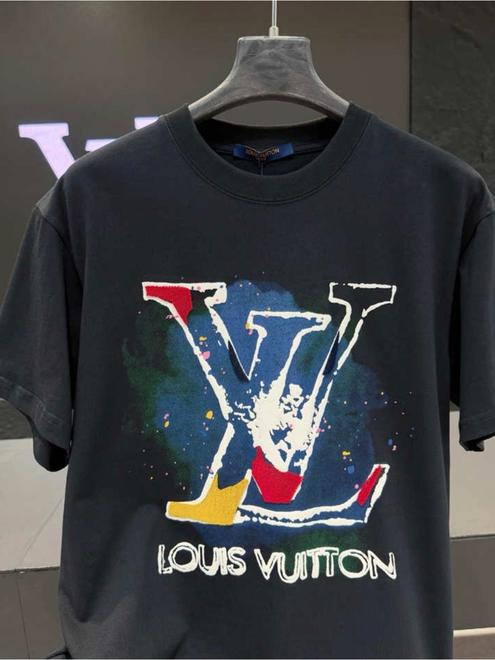 Louis Vuitton Black Tee with Multicolor LV Splash Graphic